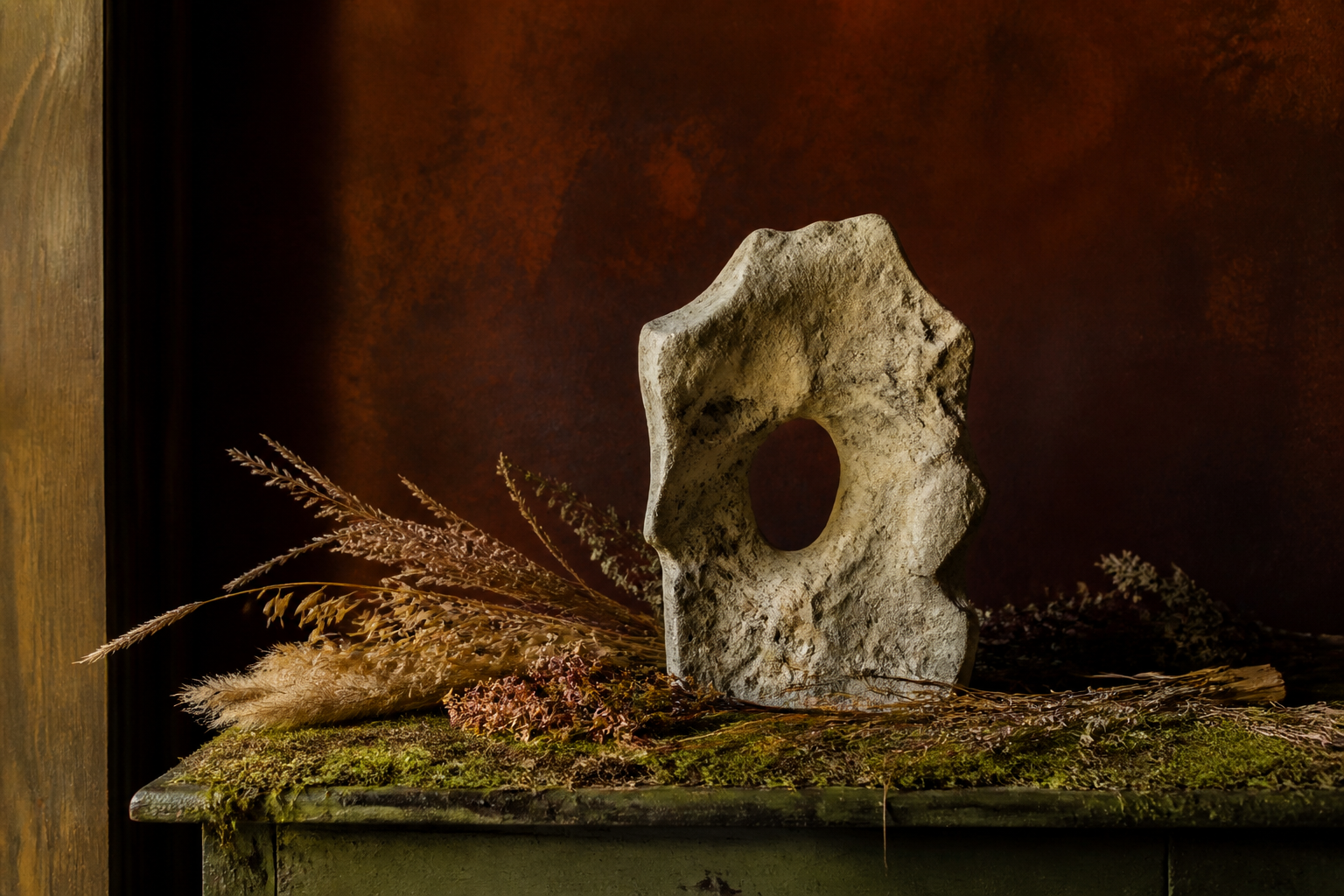 A limestone sculptural object and dried grasses in warm studio light