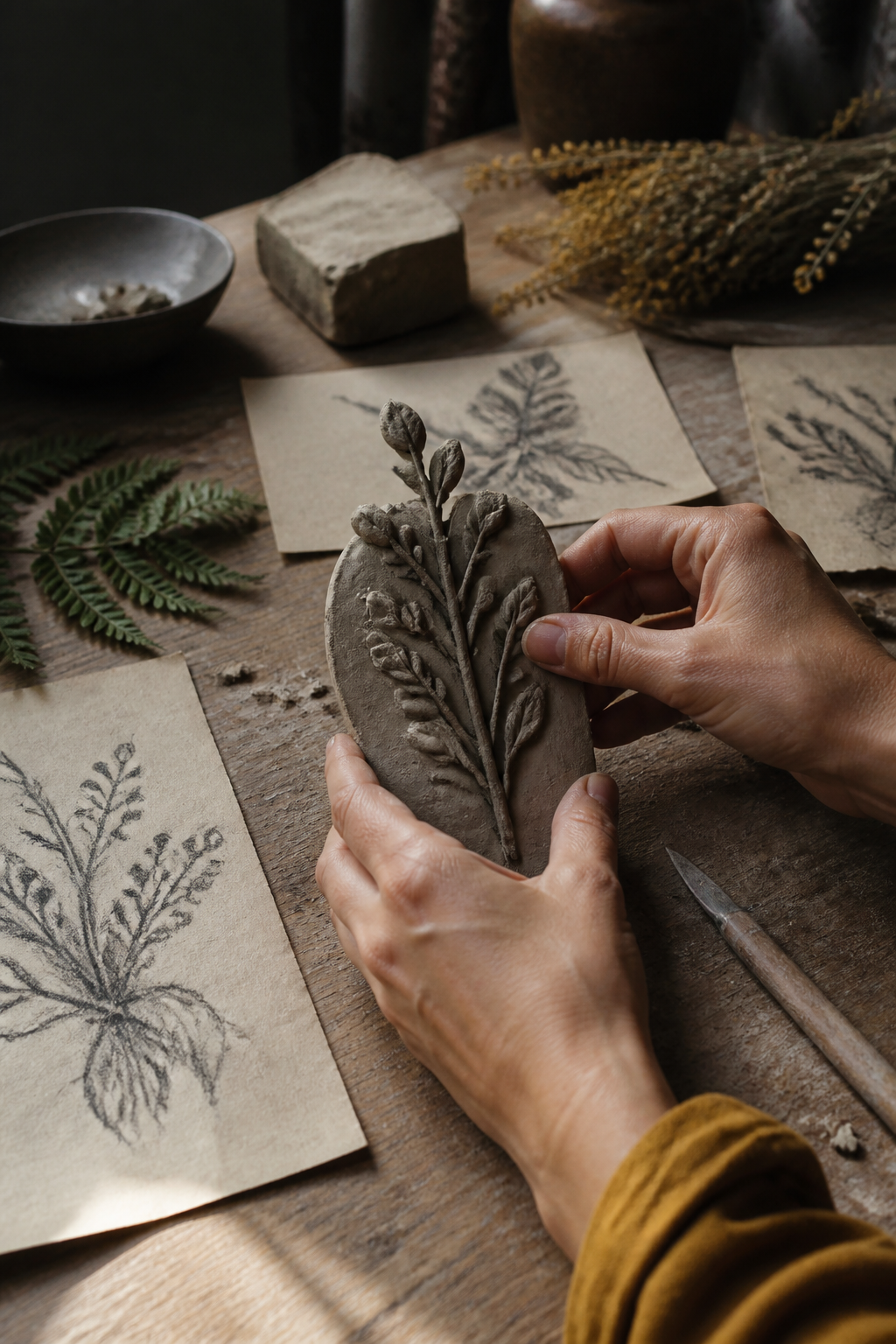 Hands shaping a clay botanical sculpture at a workbench