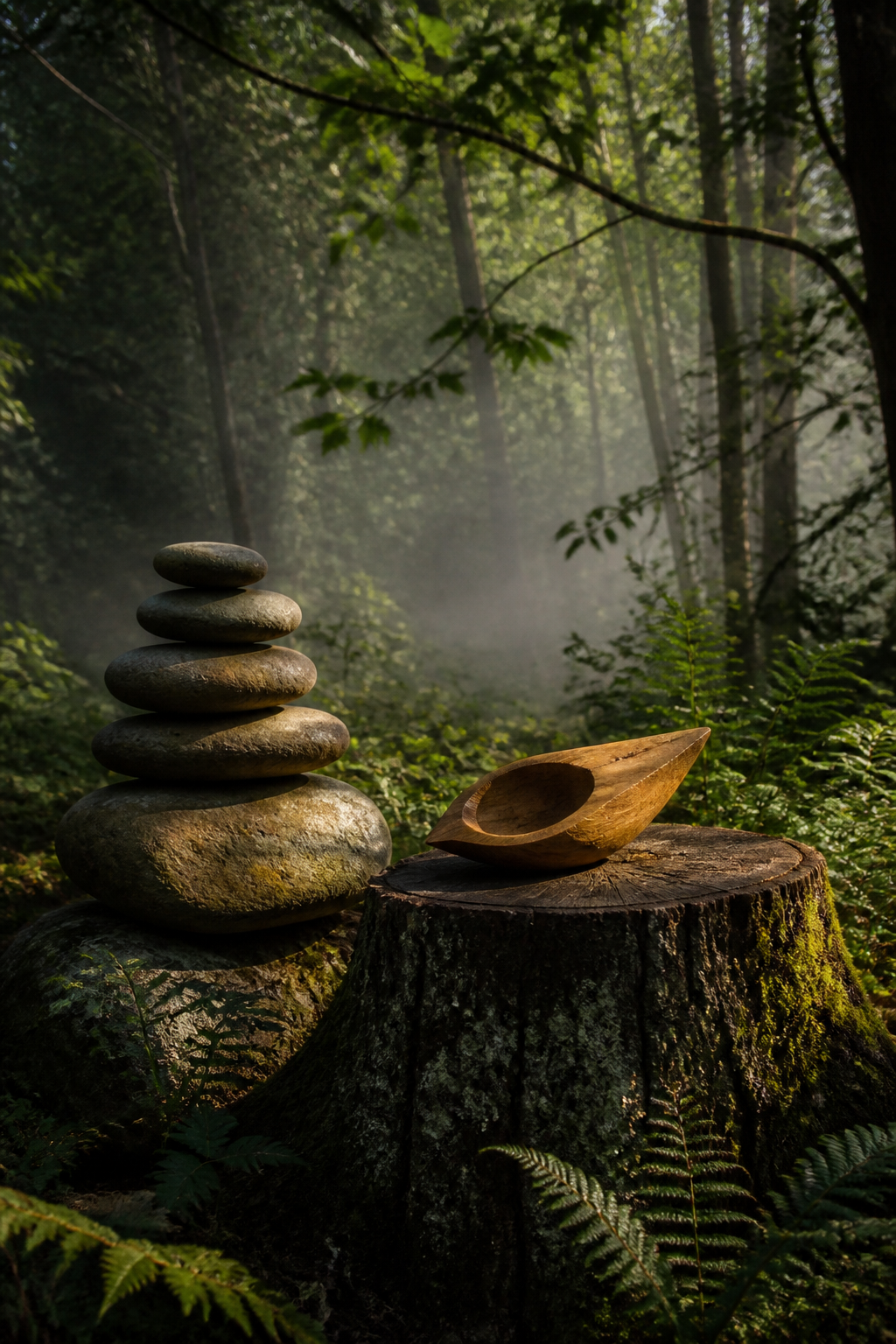 A hand-carved object displayed in a wooded clearing